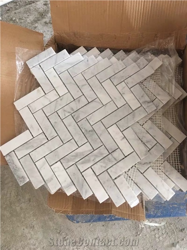 Herringbone White Marble Mosaic Tiles