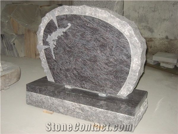 Bahama Blue Rough Engraved Upright Tombstone 03