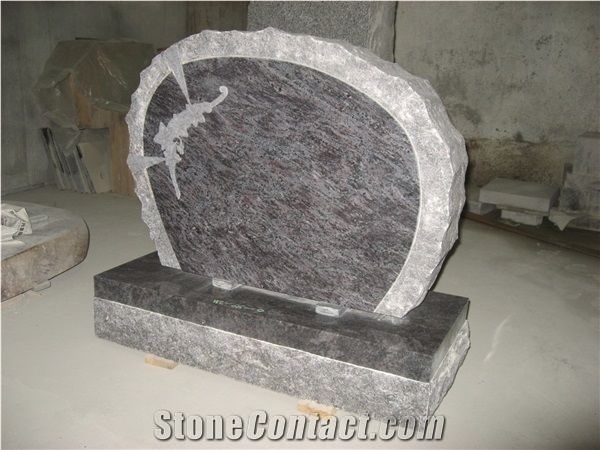 Bahama Blue Rough Engraved Upright Tombstone 03