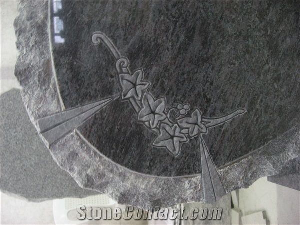 Bahama Blue Rough Engraved Upright Tombstone 03