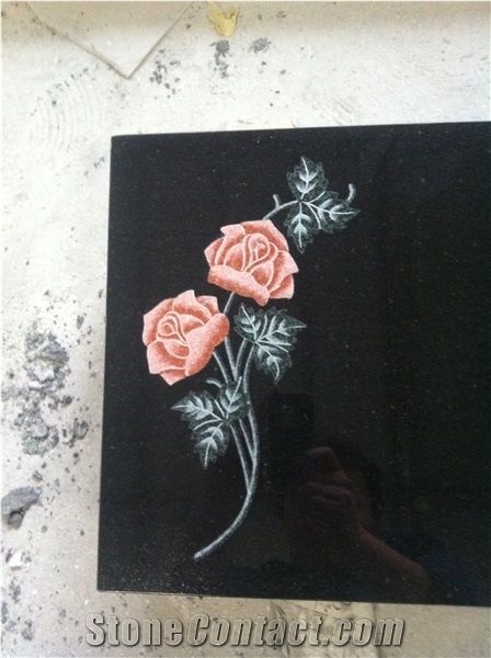 Black Flat Bevel Headstone With Roses Laser Etching