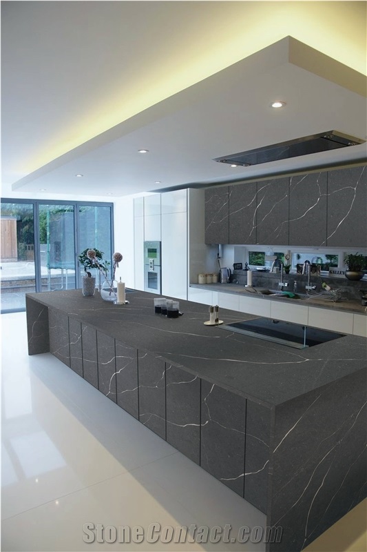 Dark Grey Quartz Slabs With White Vein