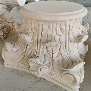 Hand Carved Beige Marble Sculptured Column Base