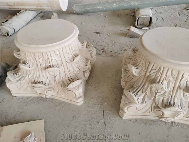 Hand Carved Beige Marble Sculptured Column Base
