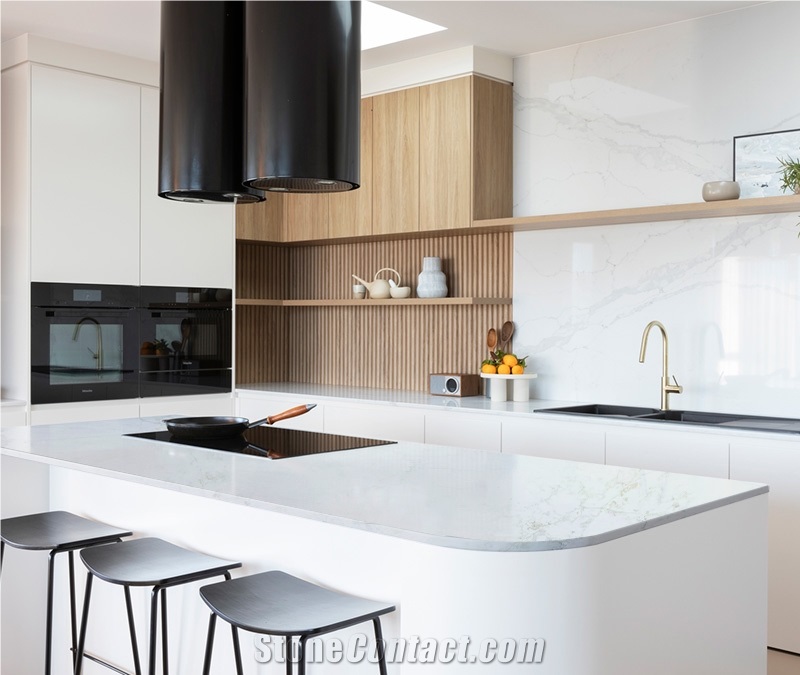 5005 Statuario Elisno Quartz Kitchen Worktops With Drop In Sink