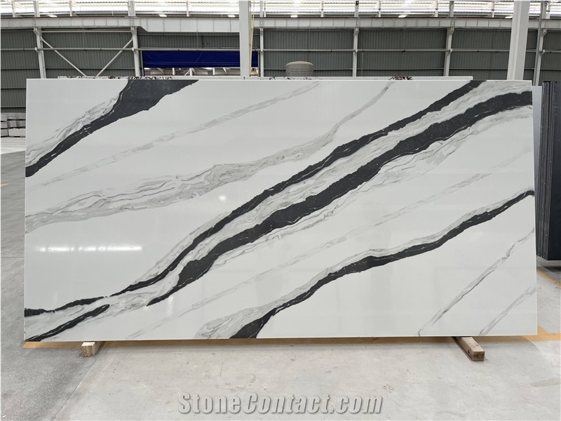 Goldtop OEM/ODM Granding Calacatta Panda White Quartz Slab