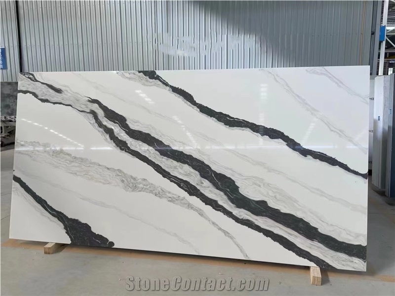 Goldtop OEM/ODM Granding Calacatta Panda White Quartz Slab