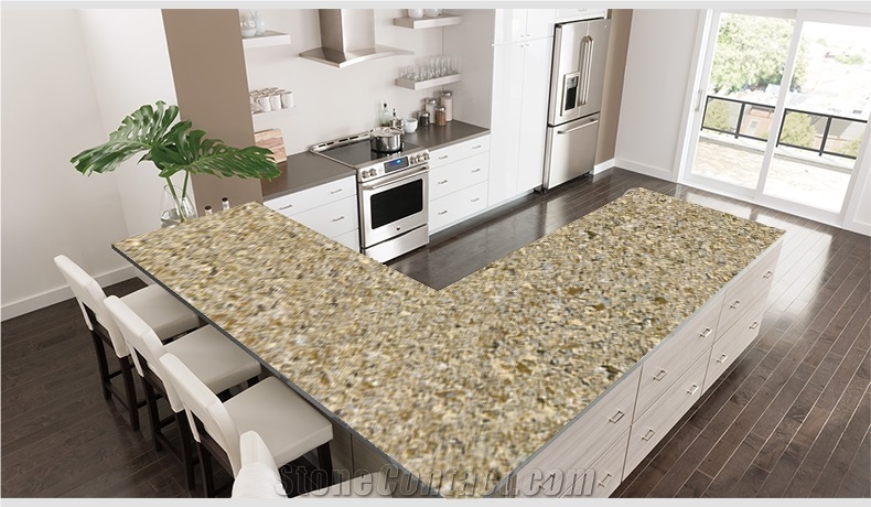Solid Stone Polished Surface Shell Gold 3016 Countertop