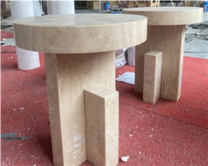 Round Travertine Natural Stone Side Table Display Stand