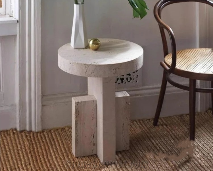 Round Travertine Natural Stone Side Table Display Stand