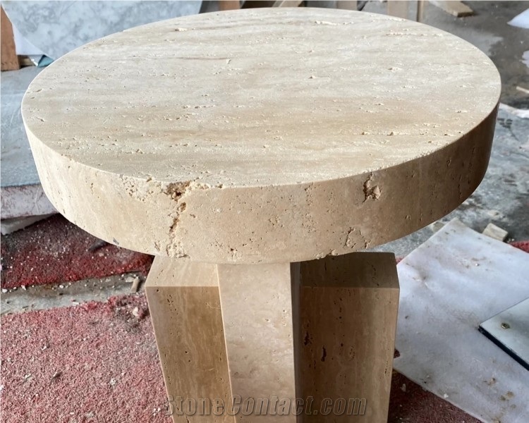 Round Travertine Natural Stone Side Table Display Stand