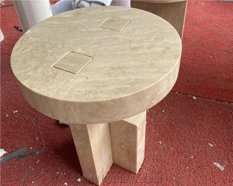 Round Travertine Natural Stone Side Table Display Stand