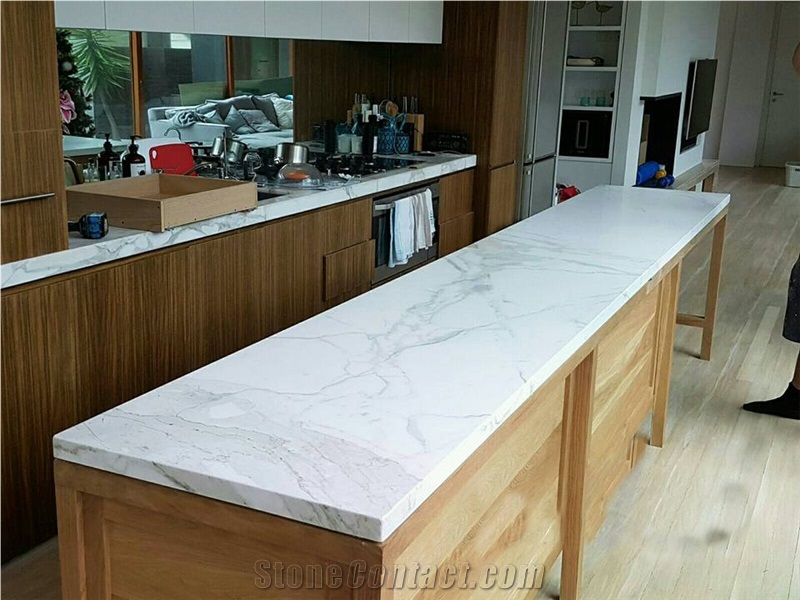 Calacatta Quartz Kitchen Island Top Installation