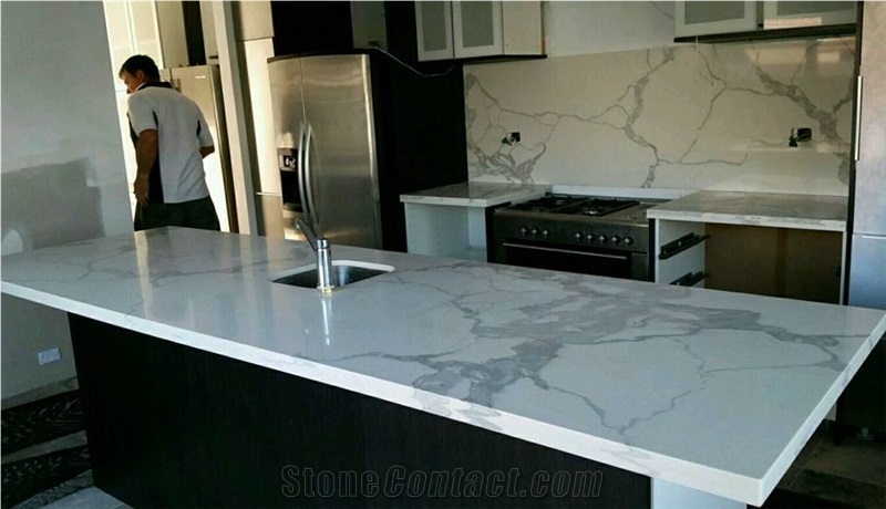 Calacatta Quartz Kitchen Island Top Installation