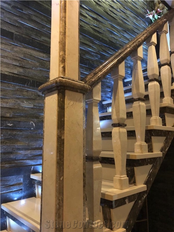 Beige Marble And Dark Emperador Marble Staircase Balustrades And Railing