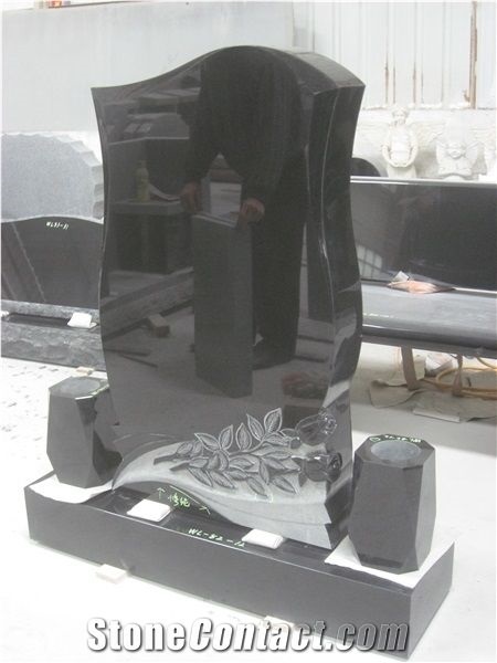 Black Granite Gravestone Vase Upright Monument 43