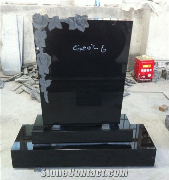 Black Upright Headstone With Flowers Engraving