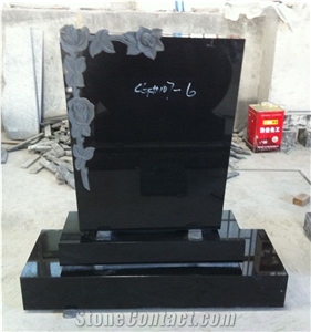 Black Upright Headstone With Flowers Engraving