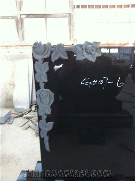 Black Upright Headstone With Flowers Engraving