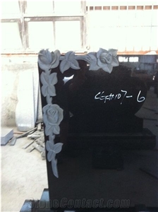 Black Upright Headstone With Flowers Engraving