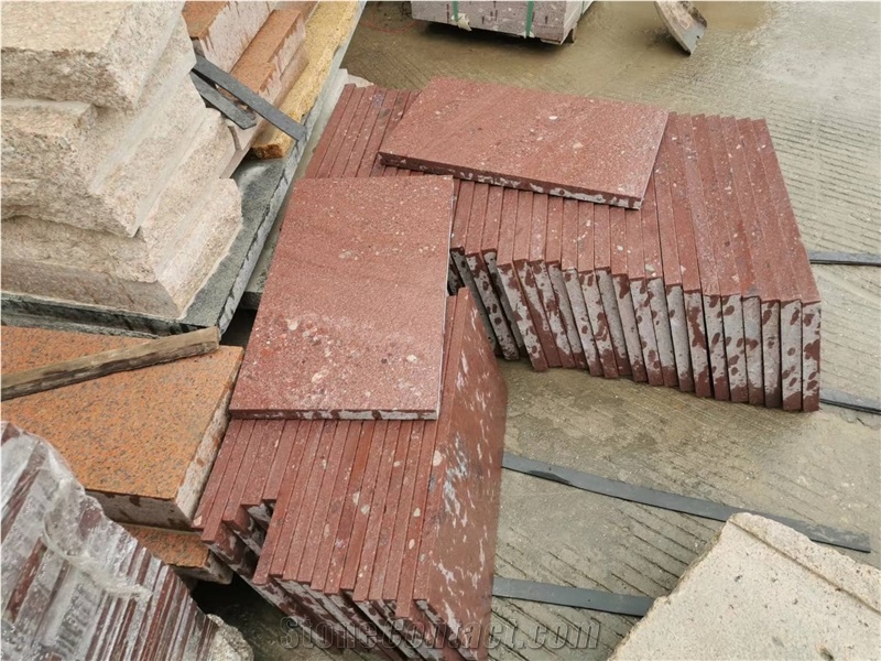 Red Porphyry Steps Stair Treads With Anti-Slip Strips