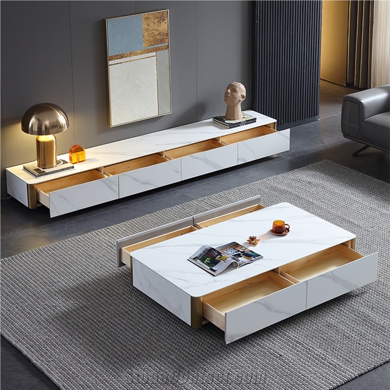 Household Sintered Stone TV Stand Cabinet & Coffee Table Set
