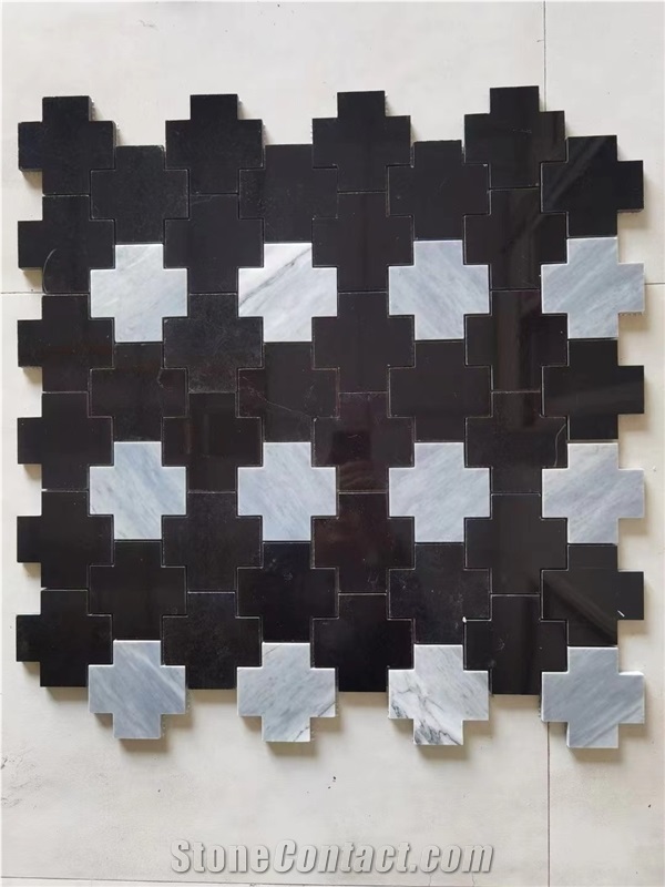 Marble Nero Marquina Water-Jet Cross-Shape Floor Mosaic Tile