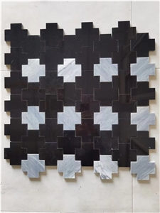 Marble Nero Marquina Water-Jet Cross-Shape Floor Mosaic Tile