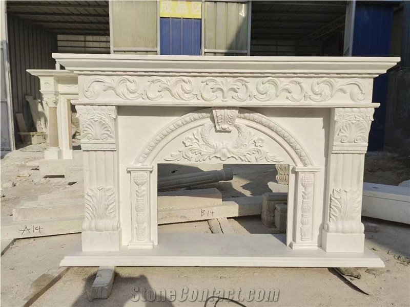 Traditional Carved Indoor Marble Fireplace Marquina Mantel