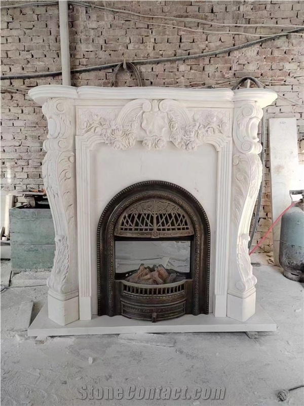 Traditional Carved Indoor Marble Fireplace Marquina Mantel