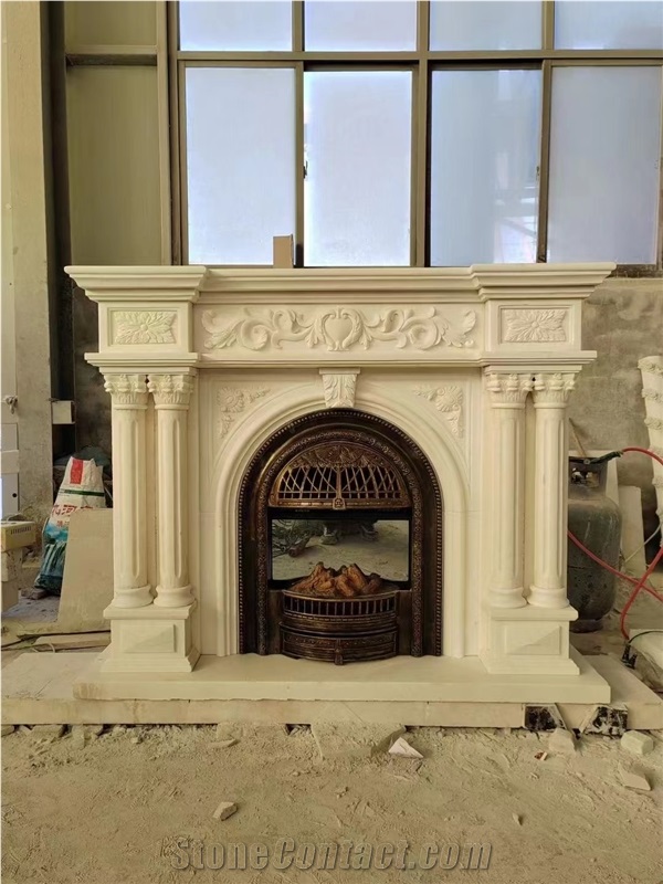 Traditional Carved Indoor Marble Fireplace Marquina Mantel