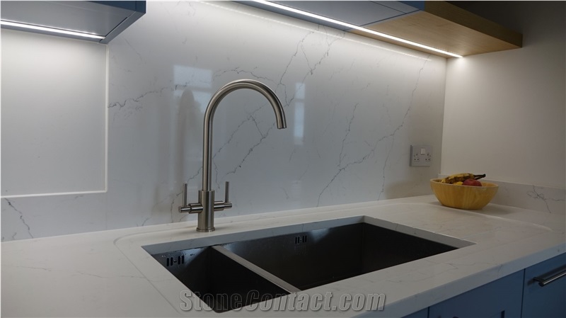 Calacatta White Quartz Fabricated Kitchen Countertop