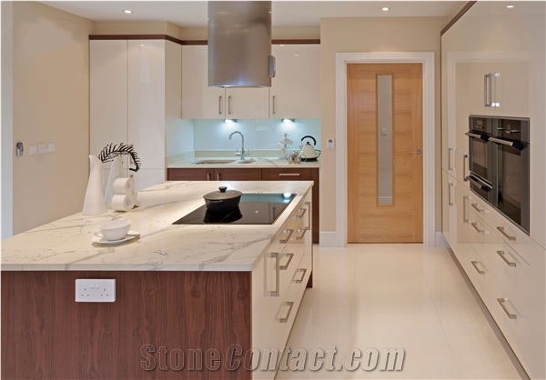 Calacatta White Quartz Fabricated Kitchen Countertop