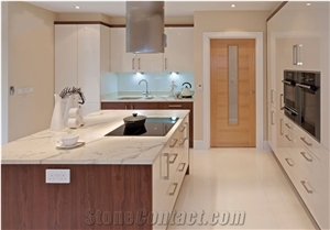 Calacatta White Quartz Fabricated Kitchen Countertop