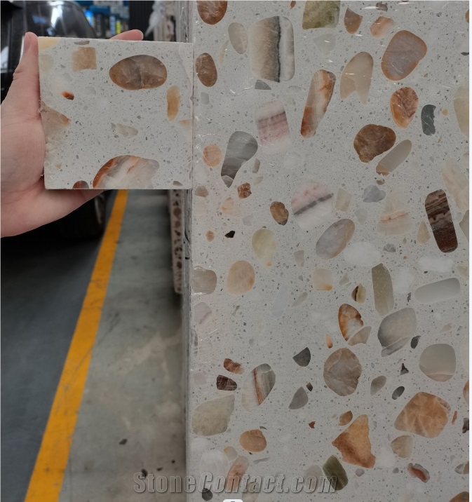 Translucent White Terrazzo Slab With Onyx Grains