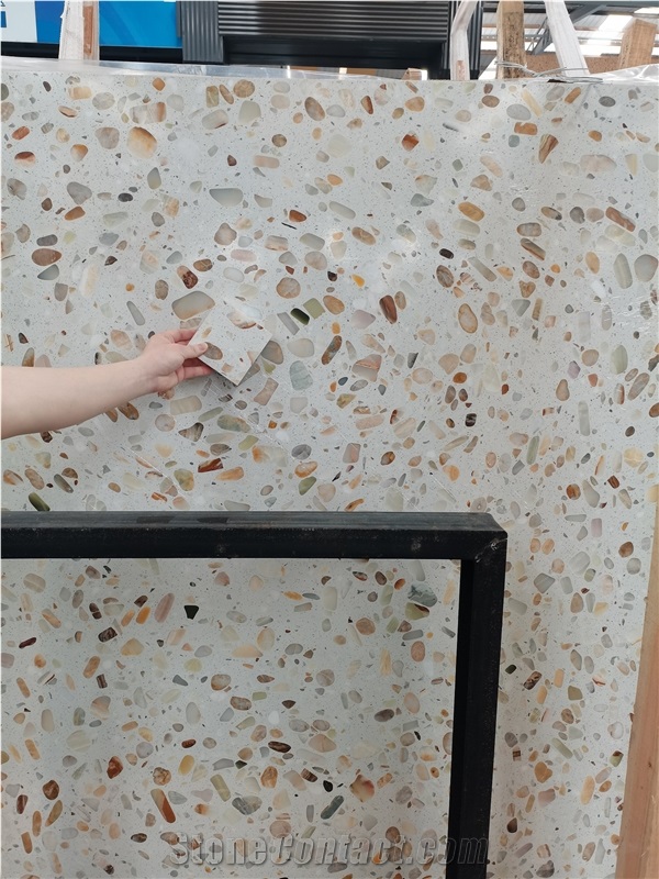 Translucent White Terrazzo Slab With Onyx Grains