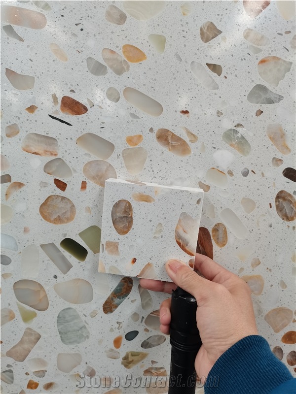 Translucent White Terrazzo Slab With Onyx Grains