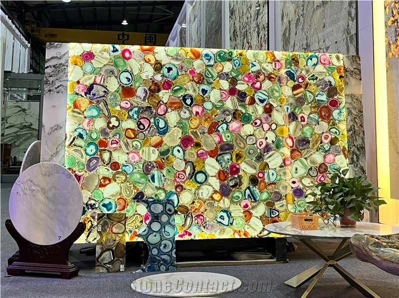 Colorful Agate Semiprecious Stone Slabs, Luxury Wall Panels