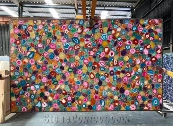Colorful Agate Semiprecious Stone Slabs, Luxury Wall Panels