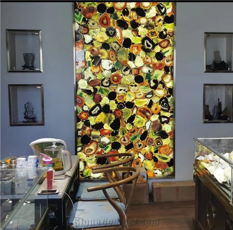 Colorful Agate Semiprecious Stone Slabs, Luxury Wall Panels