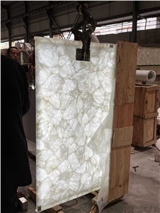 Gemstone Panel, White Quartz Semiprecious Stone Slab With Backlit Gemstone Panel, White Quartz Semiprecious Stone Slab With Backlit