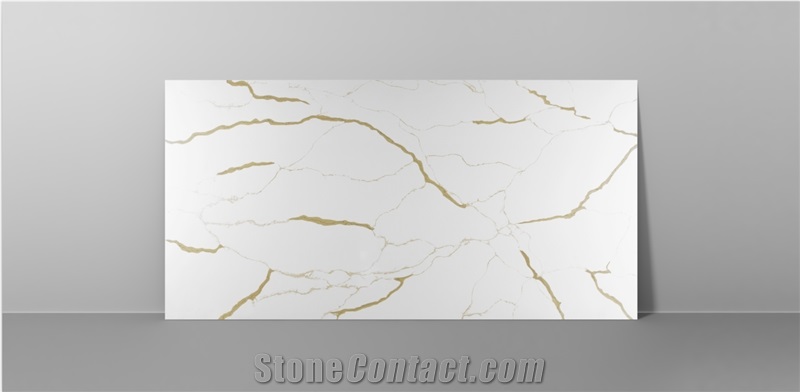 White Color Calacatta Quartz Stone Slab  Golden Veins