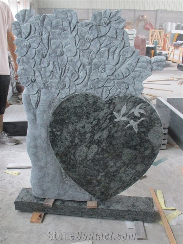 Olive Green Granite Tree Heart Headstone With Dove Carving