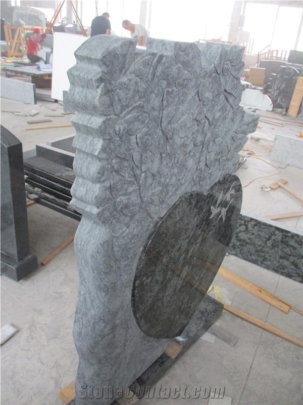 Olive Green Granite Tree Heart Headstone With Dove Carving
