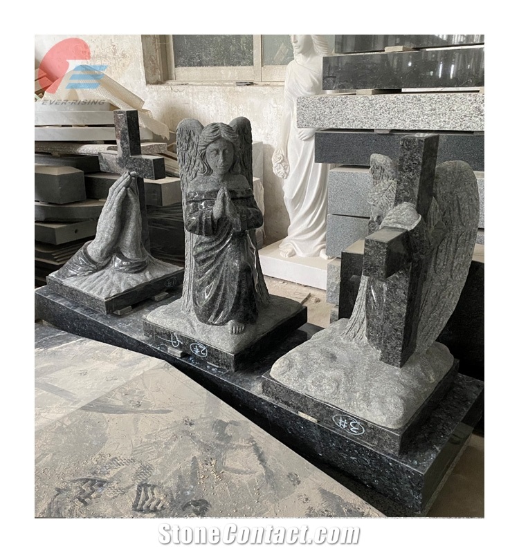 Steel Gray Granite Monument With Cross And Hands Carving