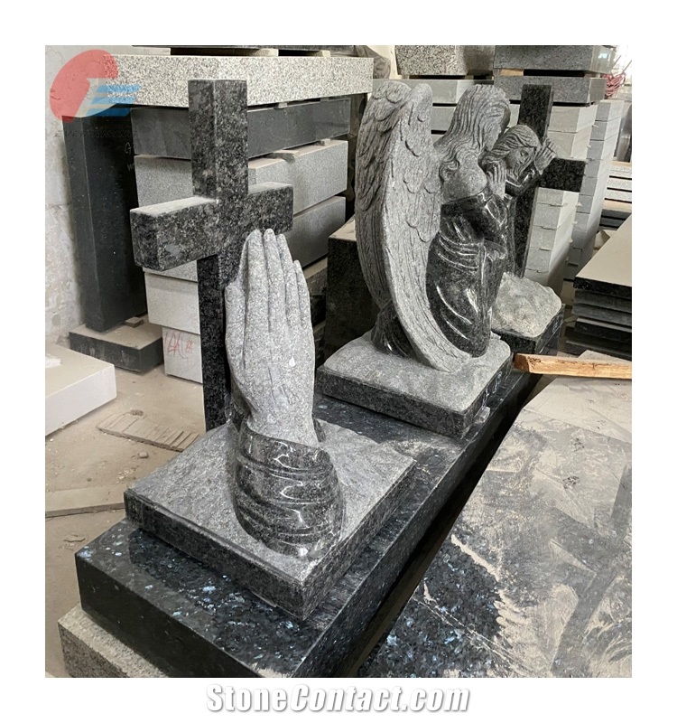 Steel Gray Granite Monument With Cross And Hands Carving