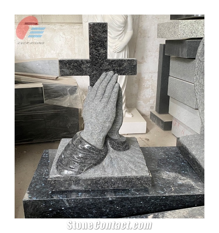 Steel Gray Granite Monument With Cross And Hands Carving
