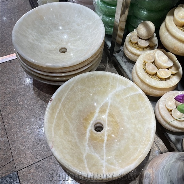 Luxury Round Yellow Onyx Bathroom Sink For Home Decor