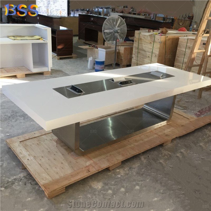 10' Conference Table On Sale White Quartz With Power Socket