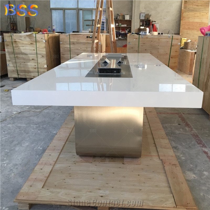10' Conference Table On Sale White Quartz With Power Socket
